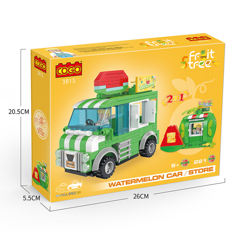 COGO 221PCS Fruit Street Pull Back Watermelon Vending Car Building Block Toy