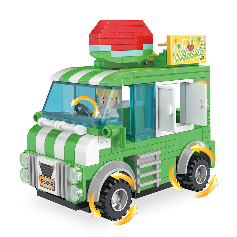 COGO 221PCS Fruit Street Pull Back Watermelon Vending Car Building Block Toy