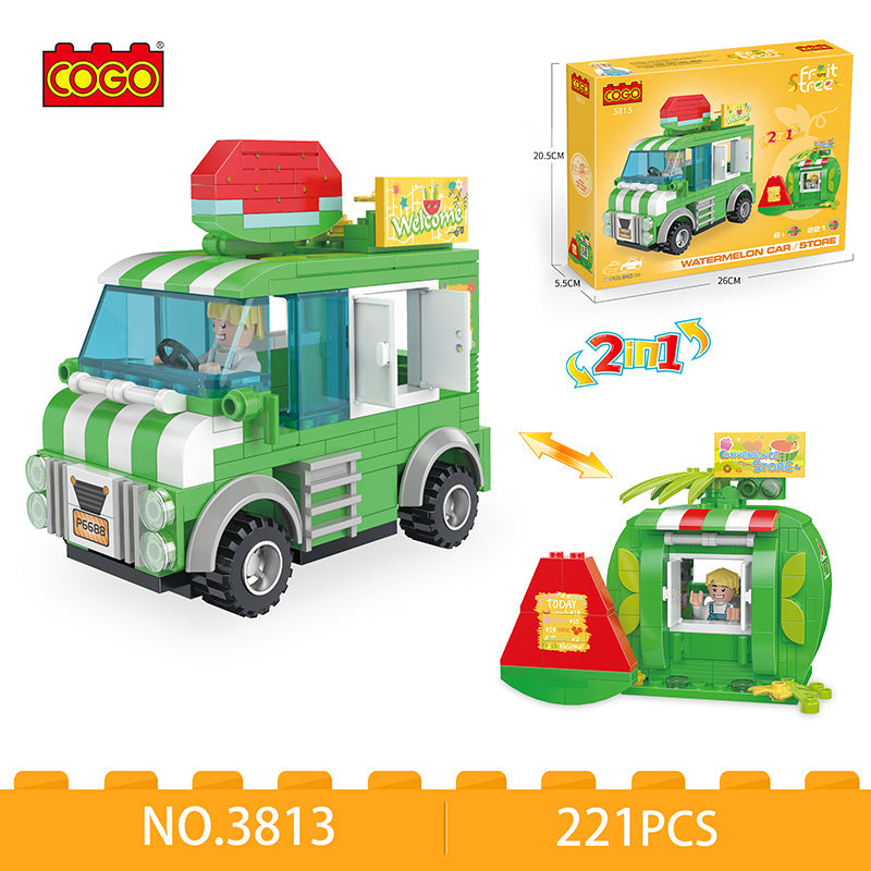 COGO 221PCS Fruit Street Pull Back Watermelon Vending Car Building Block Toy