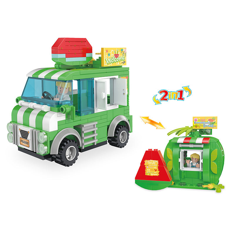 COGO 221PCS Fruit Street Pull Back Watermelon Vending Car Building Block Toy