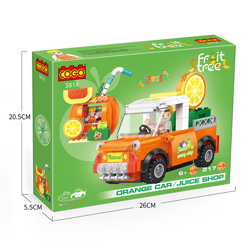 COGO 217PCS Fruit Street Pull Back Orange Truck Orange Juice Shop Building Block Toy