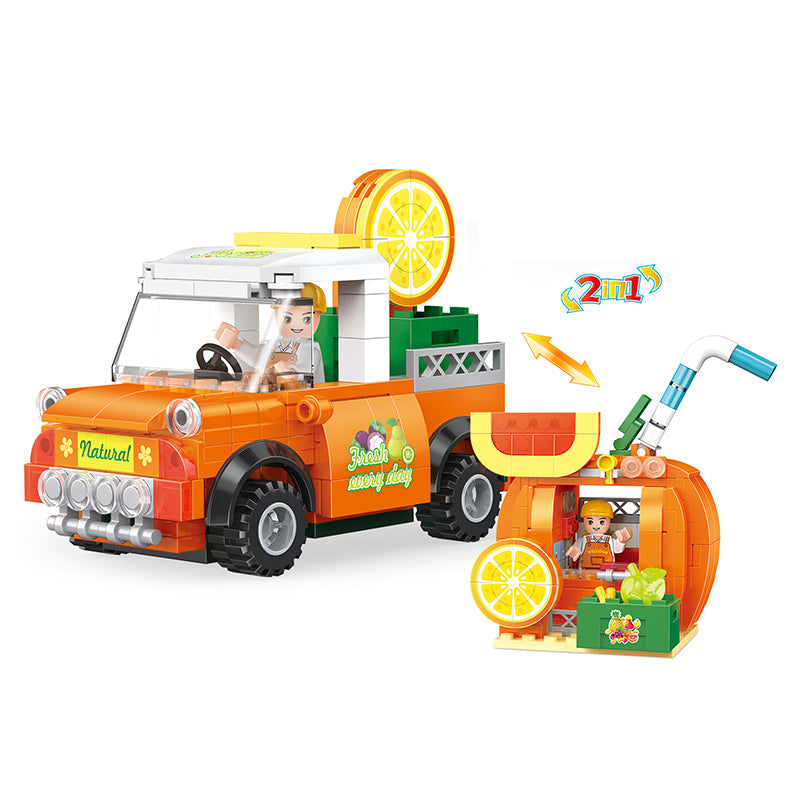 COGO 217PCS Fruit Street Pull Back Orange Truck Orange Juice Shop Building Block Toy