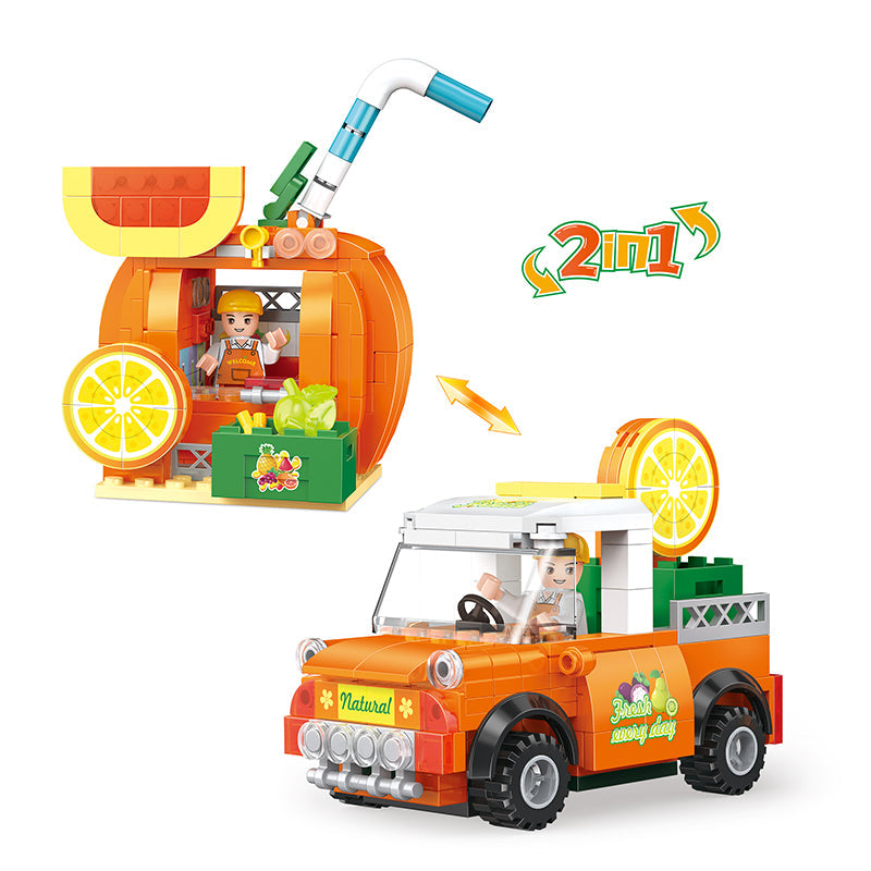 COGO 217PCS Fruit Street Pull Back Orange Truck Orange Juice Shop Building Block Toy