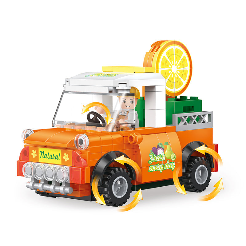 COGO 217PCS Fruit Street Pull Back Orange Truck Orange Juice Shop Building Block Toy