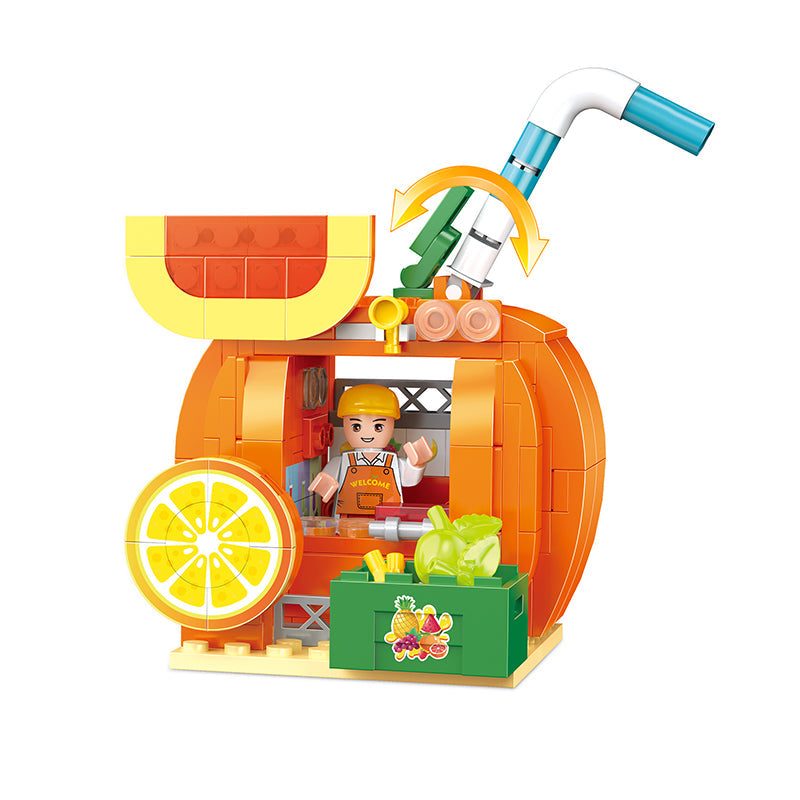 COGO 217PCS Fruit Street Pull Back Orange Truck Orange Juice Shop Building Block Toy