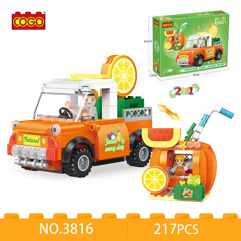 COGO 217PCS Fruit Street Pull Back Orange Truck Orange Juice Shop Building Block Toy