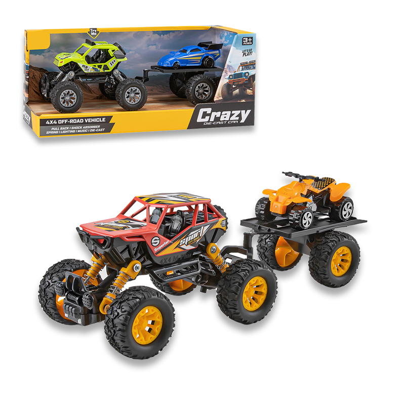 二款回力合金四驱攀爬拖车/带灯光,音乐,避震弹簧,车壳UV打印,包3*AG10纽扣电池