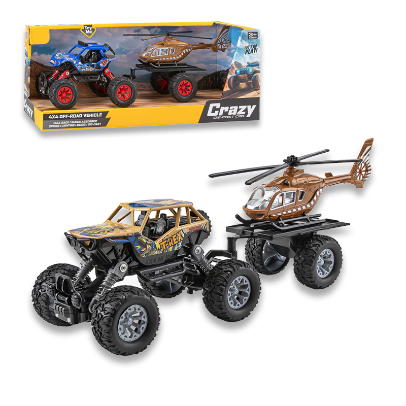 二款回力合金四驱攀爬车拖直升飞机/带灯光,音乐,避震弹簧,车壳UV打印,包3*AG10纽扣电池