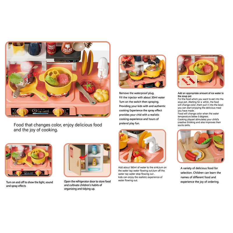 68CM喷雾厨房套装/52PCS,带灯光声音,带变色食物,3*AA无包电
