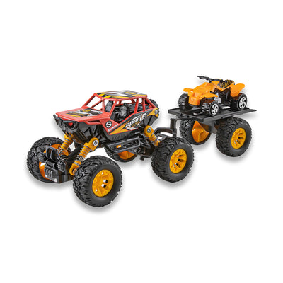 二款回力合金四驱攀爬拖车/带灯光,音乐,避震弹簧,车壳UV打印,包3*AG10纽扣电池