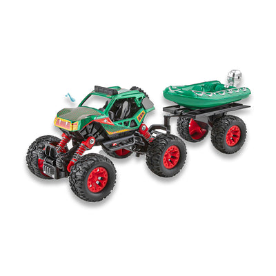 二款回力合金四驱攀爬车拖橡皮艇/带灯光,音乐,避震弹簧,车壳UV打印,包3*AG10纽扣电池