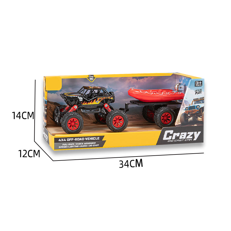 二款回力合金四驱攀爬车拖橡皮艇/带灯光,音乐,避震弹簧,车壳UV打印,包3*AG10纽扣电池