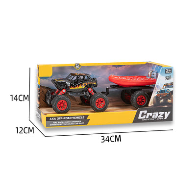 二款回力合金四驱攀爬车拖橡皮艇/带灯光,音乐,避震弹簧,车壳UV打印,包3*AG10纽扣电池