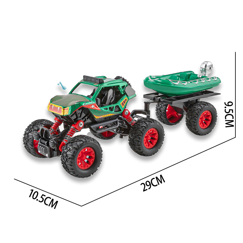 二款回力合金四驱攀爬车拖橡皮艇/带灯光,音乐,避震弹簧,车壳UV打印,包3*AG10纽扣电池