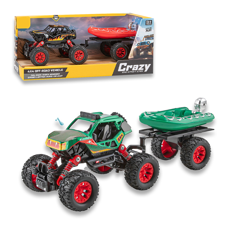 二款回力合金四驱攀爬车拖橡皮艇/带灯光,音乐,避震弹簧,车壳UV打印,包3*AG10纽扣电池