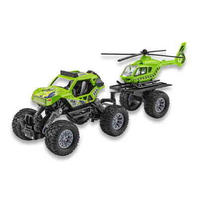 二款回力合金四驱攀爬车拖直升飞机/带灯光,音乐,避震弹簧,车壳UV打印,包3*AG10纽扣电池