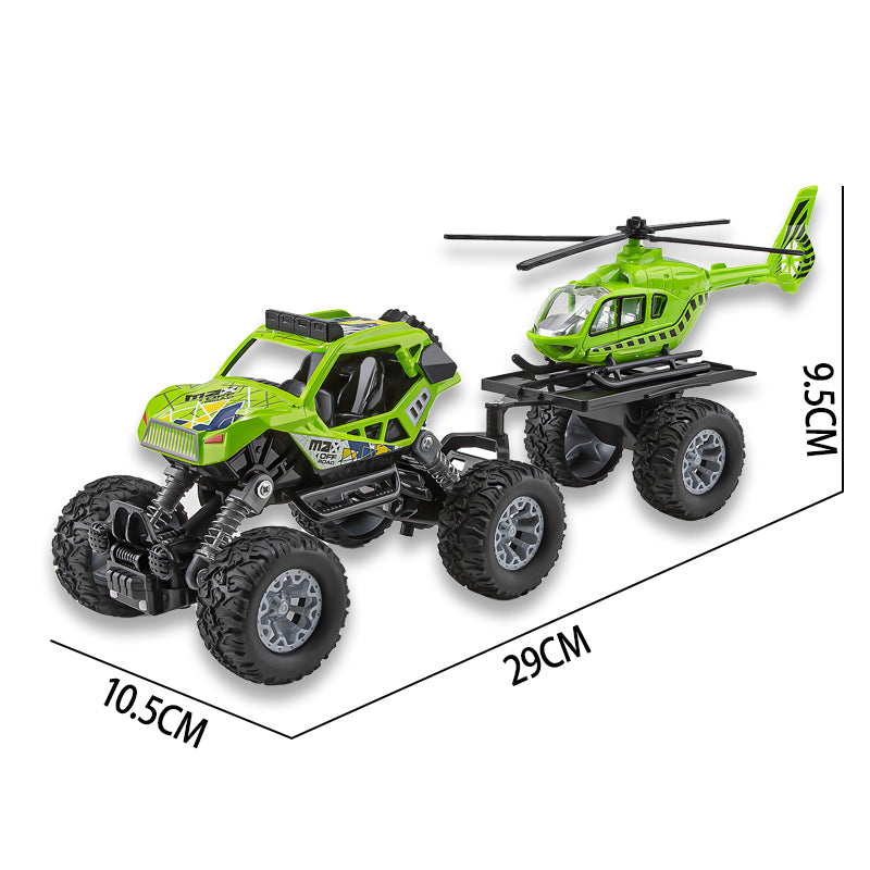 二款回力合金四驱攀爬车拖直升飞机/带灯光,音乐,避震弹簧,车壳UV打印,包3*AG10纽扣电池