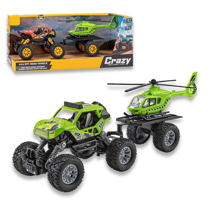 二款回力合金四驱攀爬车拖直升飞机/带灯光,音乐,避震弹簧,车壳UV打印,包3*AG10纽扣电池