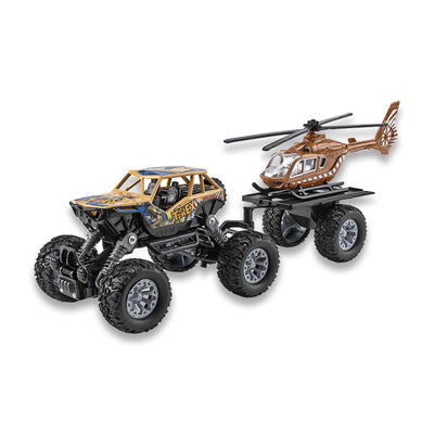 二款回力合金四驱攀爬车拖直升飞机/带灯光,音乐,避震弹簧,车壳UV打印,包3*AG10纽扣电池