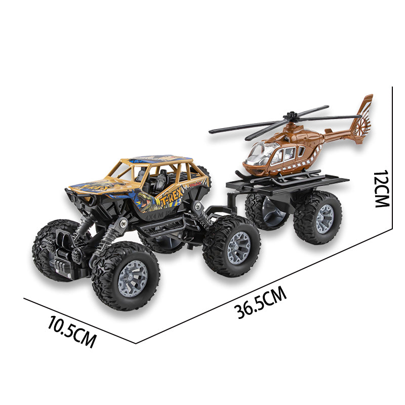 二款回力合金四驱攀爬车拖直升飞机/带灯光,音乐,避震弹簧,车壳UV打印,包3*AG10纽扣电池