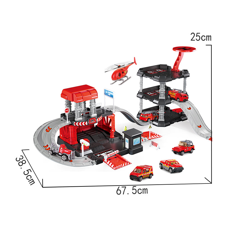 消防三层大楼+轨道停车套装/配3只滑行合金小车,1只飞机