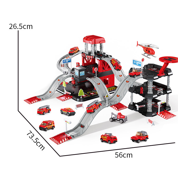 消防三层大楼+轨道三层停车套装/配6只滑行合金小车,1只飞机