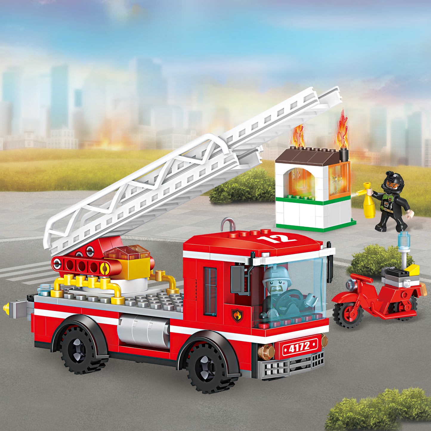 消防系列小颗粒积木-云梯消防车/260PCS,配2只公仔,不带灯